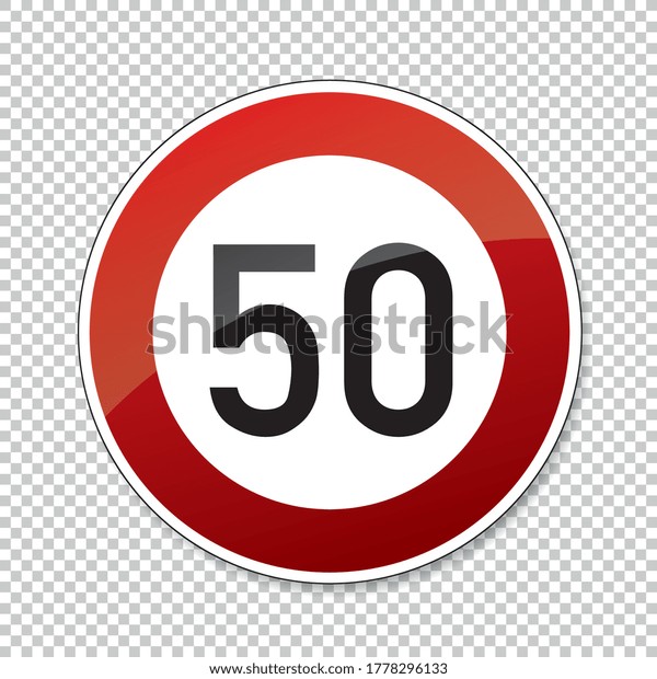 traffic sign speed\
limit fifty. German traffic sign restricting speed to 50 kilometers\
per hour on checked transparent background. Vector illustration.\
Eps 10 vector file.