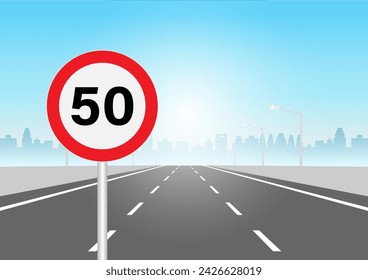 Traffic Sign Speed Limit on Highway Road. Vector Illustration