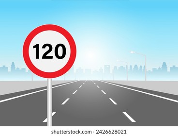 Traffic Sign Speed Limit on Highway Road. Vector Illustration