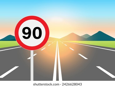 Traffic Sign Speed Limit on Highway Road. Vector Illustration
