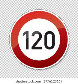 traffic sign speed limit one hundred twenty. German traffic sign restricting speed to 120 kilometers per hour on checked transparent background. Vector illustration. Eps 10 vector file.