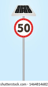 Traffic sign speed limit with solar panel and flashing lights. vector
