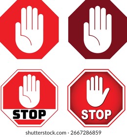 Señal de tráfico, conjunto de señal de mano de parada. Ilustración vectorial, ícono de Web. Icono de detención