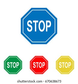 Traffic sign stop. Vector. Big blue flat icon with red, green and yellow small icons at white background. Isolated.