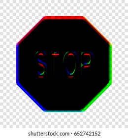 Traffic sign stop. Vector. Black icon with red-green-blue contours on transparent background.