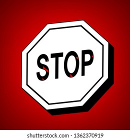 Traffic sign stop. Vector. Perspective view of white icon with black outline at reddish background.