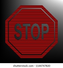 Traffic sign stop. Vector. Striped red and black icon at gradient blackish background. Zebra.