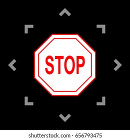 Traffic sign stop. Vector. White icon in gray focus like mandala on black background.