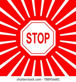 Traffic sign stop. Vector. White icon on red sun with rays as background. Isolated.