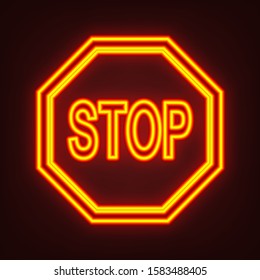 Traffic sign stop. Yellow, orange, red neon icon at dark reddish background. Illumination. Illustration.