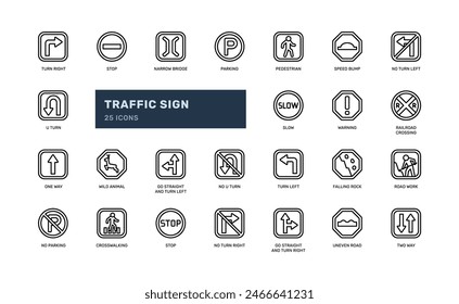 Traffic Sign Transportation road signpost guide warning attention caution outline line detailed icon set