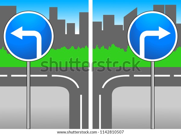 traffic sign turn to the right and traffic sign\
turn left\
