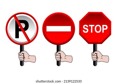 traffic sign vector no parking, no entry, stop in red and shaking hands