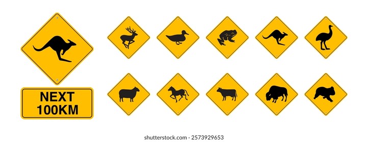 Traffic Sign Warning: Animals Ahead for 100 km - Deer, Duck, Frog, Sheep, Horse, Cattle, Koala, Kangaroo, Emu, Bison, and Cow - Vector Design