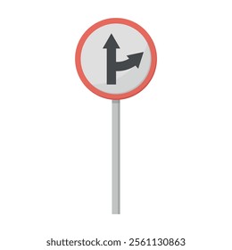 Traffic sign with a white background and a red border, indicating vehicles are allowed to go straight or turn right, used for directing traffic flow and ensuring road safety.