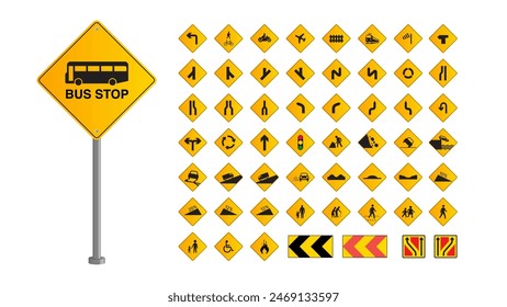 Traffic Sign Yellow Vector Illustration. Traffic Road Sign Collection web icons. Vector traffic signs design.