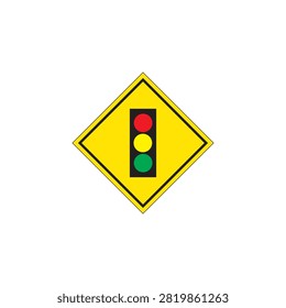 Traffic signal ahead warning sign isolated on white background, yellow diamond traffic symbol indicating upcoming traffic lights for road safety and driver awareness