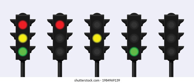 Traffic Signal Bar Pole Vector stock Graphic Illustration in flat design style, It's useful for regulating traffic on the road; Set of Illuminated Red, Yellow, Green Colored LED Lights.
