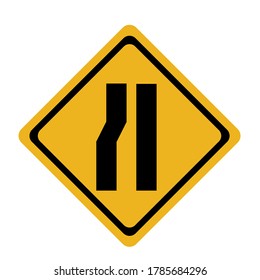 Traffic signal. Black arrow on yellow ground.The way ahead is a narrow path on the left.Drive slowly and be more careful.

