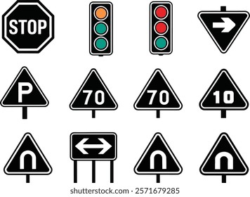 Traffic signal icons design, set of icon illustration in vector silhouette 