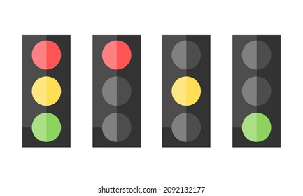 Traffic signal light pole rules street with red yellow and green light on street road on white background flat icon vector design.