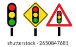 Traffic signal light road sign set. Traffic light, traffic lights ahead and red triangle warning road sign with traffic light. Street regulation system.