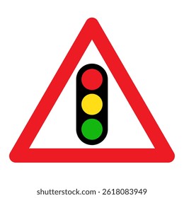 Traffic signal light road sign. Red triangle warning road sign with traffic light. Road sign. Caution sign.