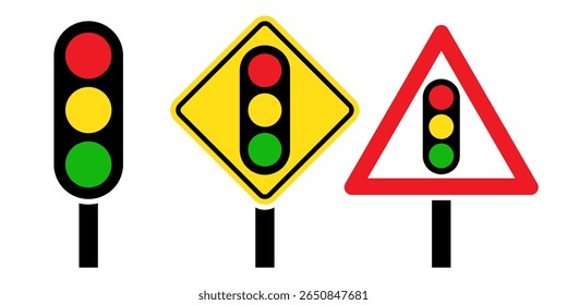 Traffic signal light road sign set. Traffic light, traffic lights ahead and red triangle warning road sign with traffic light. Street regulation system.