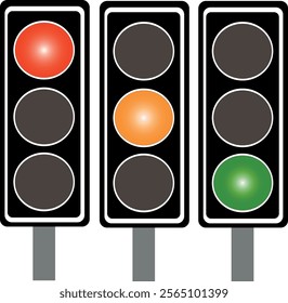 Traffic signal light.Three sets of traffic lights showing red, amber or green lights