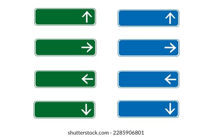 Traffic signboard set. Green and blue highway signboards with direction arrows. Web vector illustrarion. Blank Direction boards. Simple design.