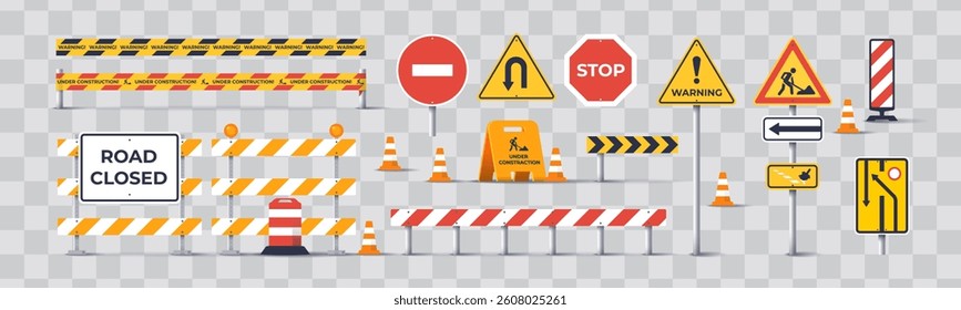 Traffic signs and barriers. International road signs set isolated on white background. Priority signs. Vector illustration. Stop, no entry, road closed, road works, bypass road, cones and signs.