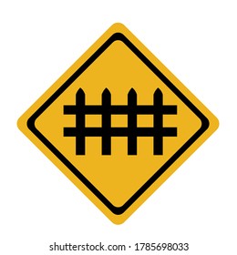 Traffic signs, black signs on a yellow background.Railway crossing sign with barrier.Wait to open the barrier and be careful.



