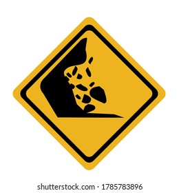 Traffic signs, black signs on a yellow background.Beware of falling rocks.Drive slowly and be more careful.

