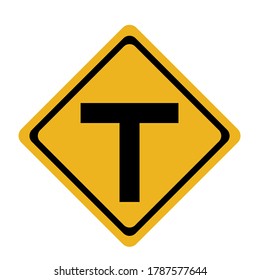 Traffic signs, black signs on a yellow background.The cross-sectional sign is in the shape of T.Drive slowly and be more careful.
