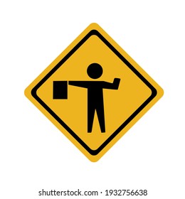 Traffic signs, black signs on a yellow background.People waving flags.Drive slowly and be more careful.