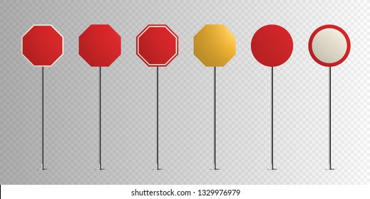 Traffic signs. Blank warning, danger, way destination and stop city signage on metal steel pole isolated vector set