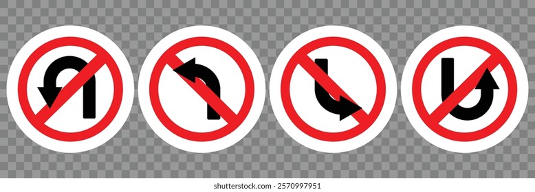 Traffic signs do not go straight. No right, left turn sign. No u-turn symbol. Road traffic red prohibitory sign icon. Vector illustrator