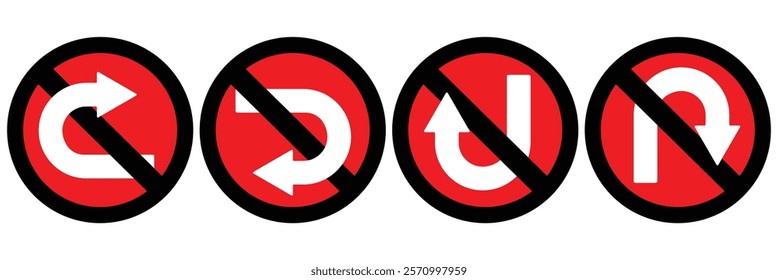 Traffic signs do not go straight. No right, left turn sign. No u-turn symbol. Road traffic red prohibitory sign icon. Vector illustrator