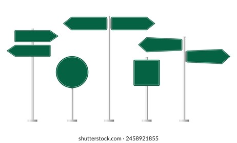 Traffic signs green. Collection of blank green road sign or Empty traffic signs difference isolated on white background. illustration vector