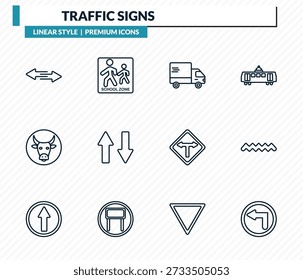 traffic signs icons set - two ways, school ahead, truck, zig zag, turn left outline vector collection.