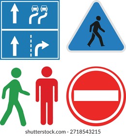 Señales de tráfico que incluyen cambios de carril, cruce de peatones y no hay símbolo de entrada de la carretera