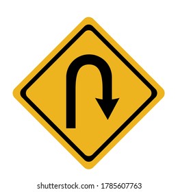 Traffic signs indicate that there is a U-turn in front, a black arrow on a yellow background.