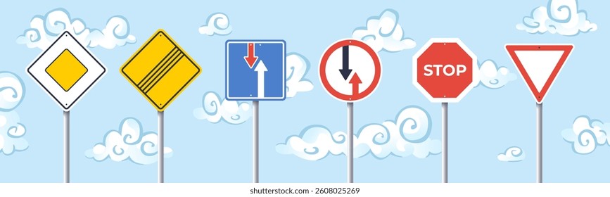 Traffic signs. International road signs set isolated. Blue sky. Priority signs. Vector illustration. Stop, no entry, main road, give way sign.