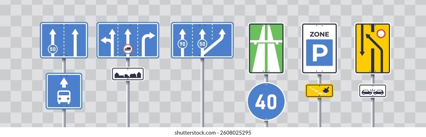 Traffic signs. International road signs set isolated on white background. Information signs. Vector illustration. Expressway, direction lanes, parking zone, public transport, speed limit.