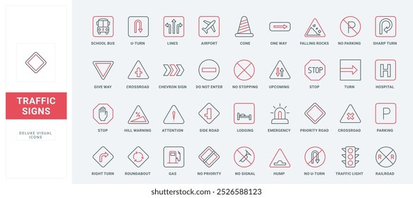 Traffic signs line icon set. Warning road signs for driver to stop, notify bus, airport and gas station, pay attention to turn and intersection thin black and red outline symbols vector illustration