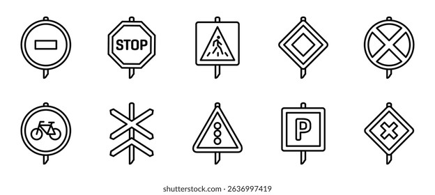 Traffic signs line icon set. Stop, speed limit, crosswalk and railway crossing post pillar signs. Road safety and regulation vector illustration. Direction, caution and control sign outline collection