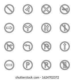 Traffic signs line icons set. linear style symbols collection outline signs pack. vector graphics. Set includes icons as stop road sign, move left arrow, right direction, no parking, two way, straight
