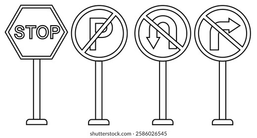 traffic signs: no stopping, no parking, no turning around, no turning right