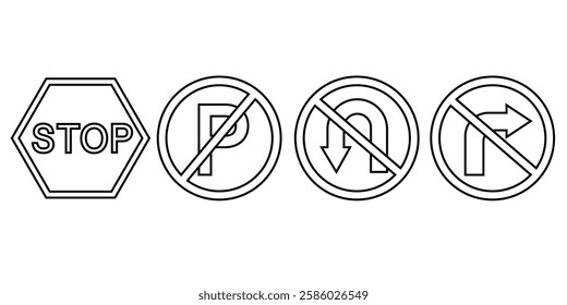 traffic signs: no stopping, no parking, no turning around, no turning right
