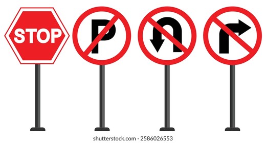traffic signs: no stopping, no parking, no turning around, no turning right
